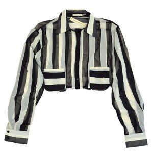 Mustard Seed Striped Crop Top Sheer Button Front Long Sleeve Size M Black/White